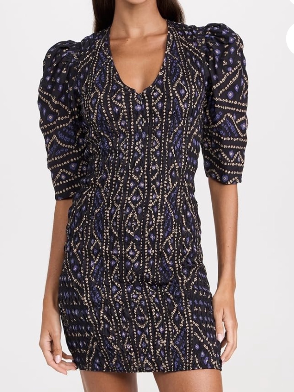Sea New York Black, Blue and Gold Patterned Puff-Sleeve Mini Dress